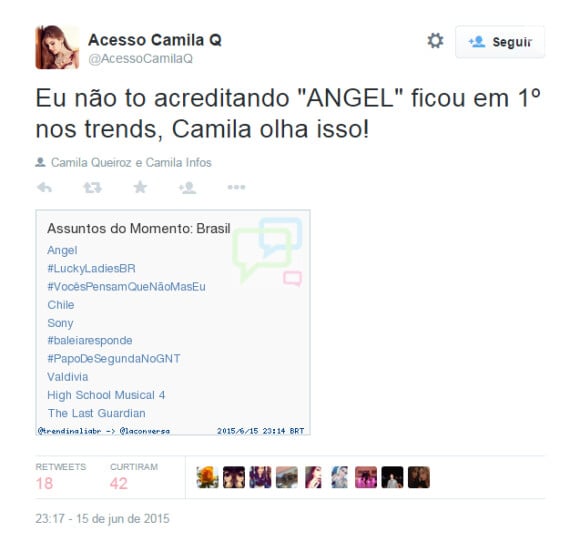 Camila Queiroz compartilha o ranking do tuites em sua conta no microblog