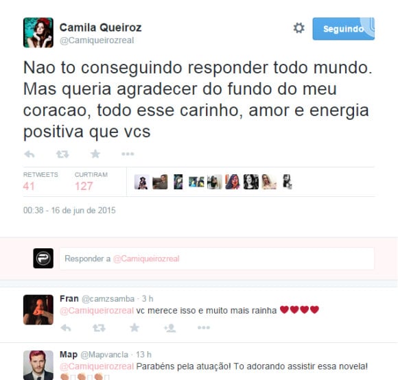 Camila Queiroz agradeceu ao carinho dos fãs em sua conta no Twitter
