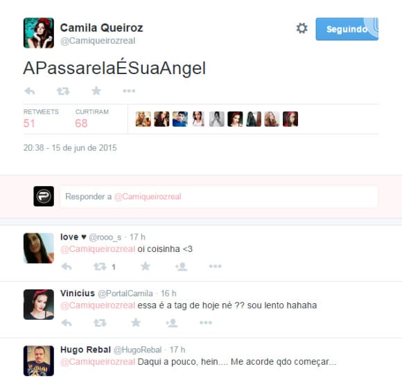 Camila Queiroz compartilhou em sua conta no Twitter a emoção de ver sua personagem, Angel, entrando na passarela