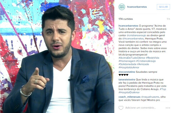 O Instagram do Hospital do Câncer de Barretos divulgou teaser da entrevista realizada com Cristiano Araújo