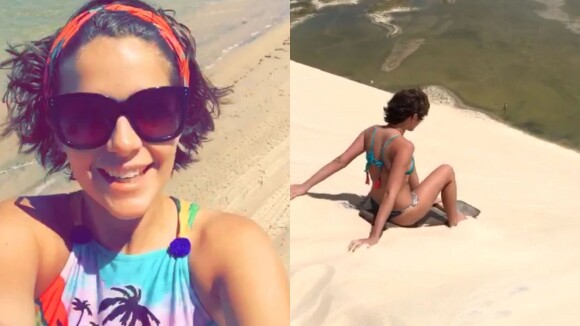 Isabella Santoni pratica skibunda durante férias em praia do Ceará