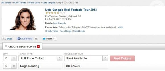O ingresso para o primeiro show da turnê de Ivete Sangalo nos Estados Unidos, que acontece em Oakland, está à venda na internet por U$75