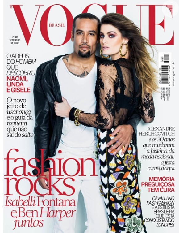 O cantor californiano Ben Harper e a top model brasileira Isabeli Fontana estampam a capa de setembro da revista 'Vogue', com editorial especial inspirado no festival Rock in Rio 2013