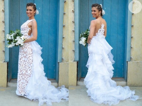 Vestido de noiva de Ester (Grazi Massafera) tem trabalho artesanal: a renda foi feita à mão com fitilhos, em 'Flor do Caribe'