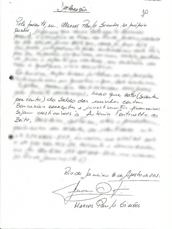 Carta feita a próprio punho, que Purepeople teve acesso exclusivo, comprova que Marcos Paulo deixou 60% de suas contas para Antonia Fontelle, mas o documento não tem as três testemunhas necessárias