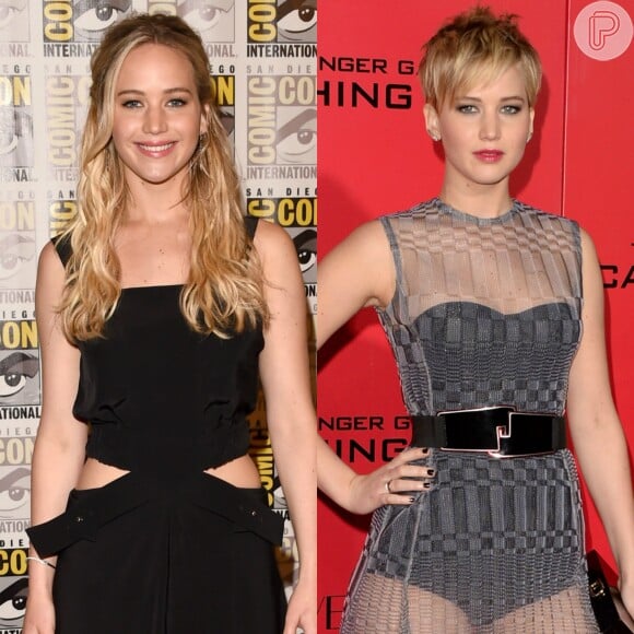 Jennifer Lawrence exibiu o corte pixie, ou joãozinho, nos cabelos loiros