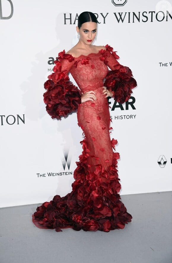 Katy Perry apostou em um longo volumoso Marchesa e joias Harry Winston no tapete vermelho do baile de gala amfAR em Cannes