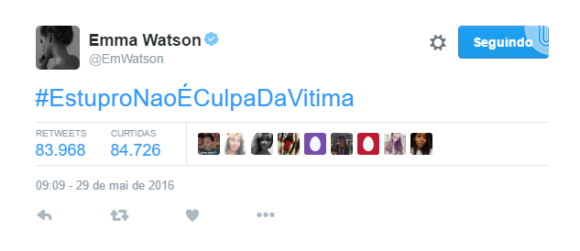 Emma Watson usou a hashtag 'Estupro não é culpa da vítima' em seu Twitter neste domingo, 29 de maio de 2016