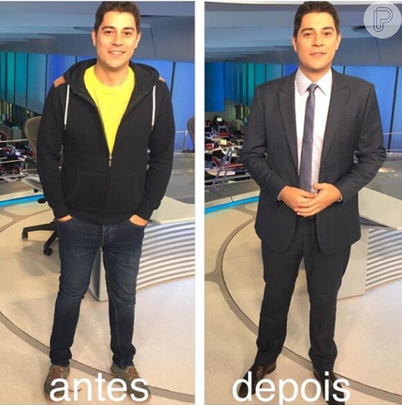 Evaristo Costa mostra figurino antes e depois de apresentar o 'Jornal Nacional'
