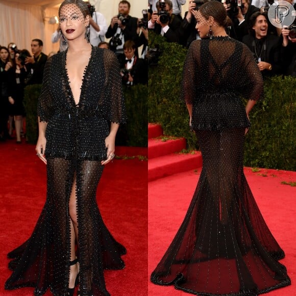 Beyoncé apostou em um vestido com transparência para o MET Gala 2014. A cantora investiu no look assinado por Givenchy