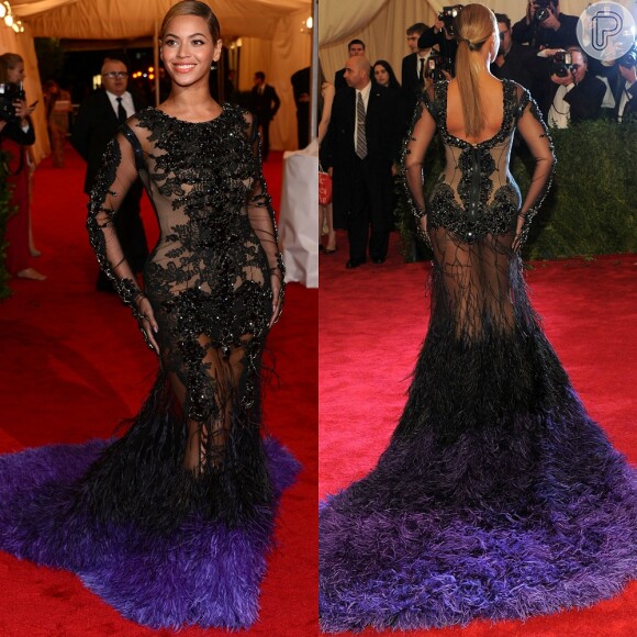 Beyoncé apostou em um vestido com transparência para o MET Gala 2012. A cantora investiu no look assinado por Givenchy