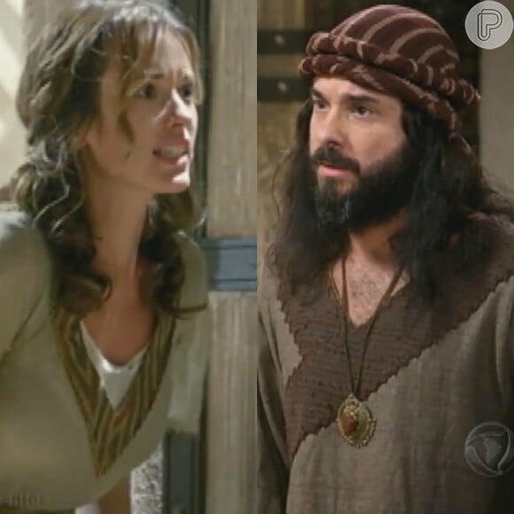 Lemuel (Ricardo Vandré) revela a Leila (Juliana Didone) que ela é a mãe de Baraquias (ator não divulgado), na novela 'Os Dez Mandamentos - Nova Temporada', em 22 de junho de 2016