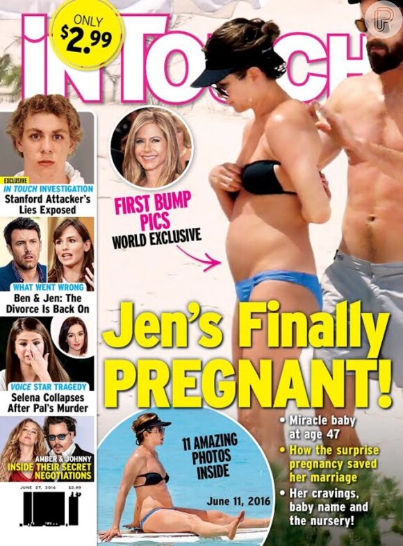 A revista 'In Touch' divulgou fotos da possível barriga de grávida de Jennifer Aniston durante férias nas Bahamas com o marido, Justin Theroux