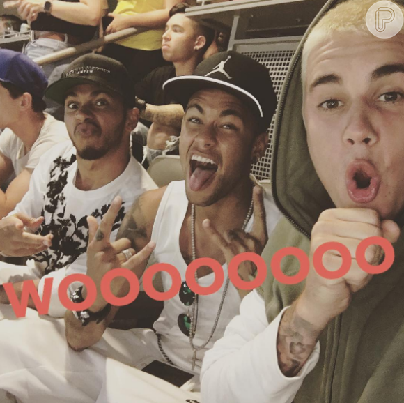 Ainda nos Estados Unidos, Neymar conheceu Justin Bieber e Lewis Hamilton