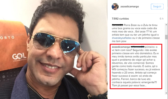 Zezé Di Camargo alfineta Wesley Safadão em comentário na web nesta quinta-feira, dia 23 de 2016