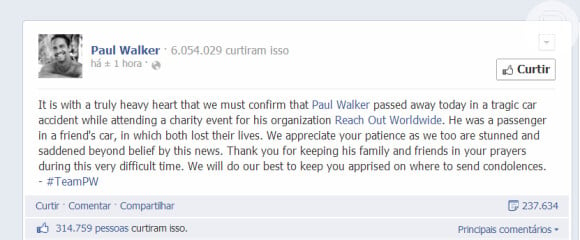 Os representantes de Paul Walker confirmaram a informação sobre a morte do ator através de sua página oficial do Facebook