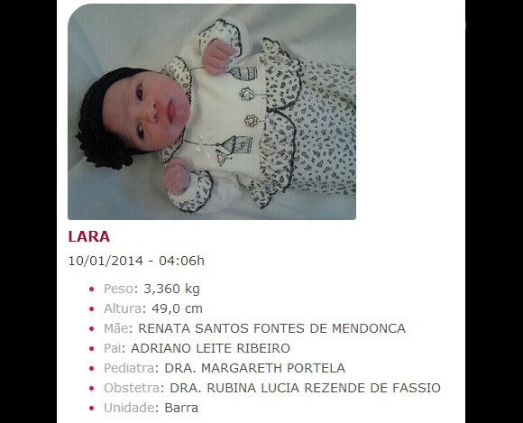 Lara, filha de Adriano Imperador, nasceu pesando 3,360 kg e com 49 centímetros