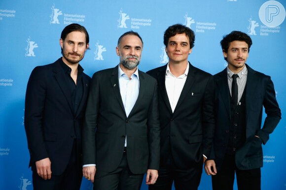 O ator alemão Clemens Schick, o diretor Karim Aïnouz, Wagner Moura e o ator Jesuita Barbosa, divulgam o filme 'Praia do futuro' no Festival de Berlim 2014