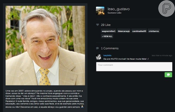 Gustavo Leão lamenta a morte de Paulo Goulart no Instagram