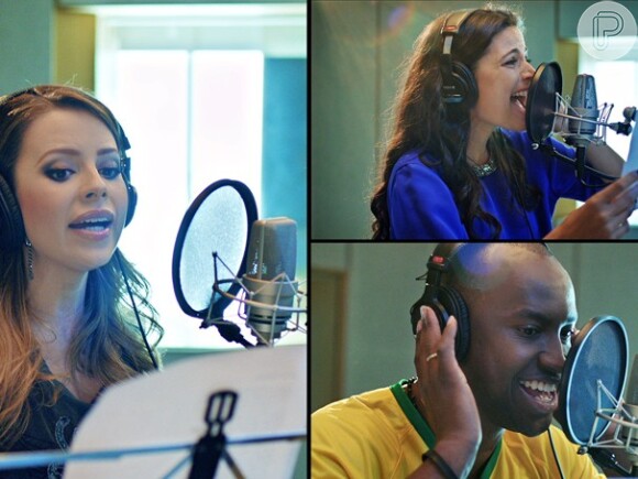 Sandy, Emanuelle Araújo e Thiaguinho gravam suas versões da música 'Coração Verde e Amarelo', tema da Copa