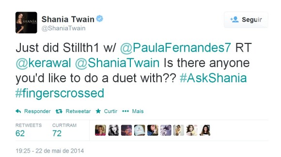 Shania Twain confirma dueto com Paula Fernandes através de mensagem no Twitter