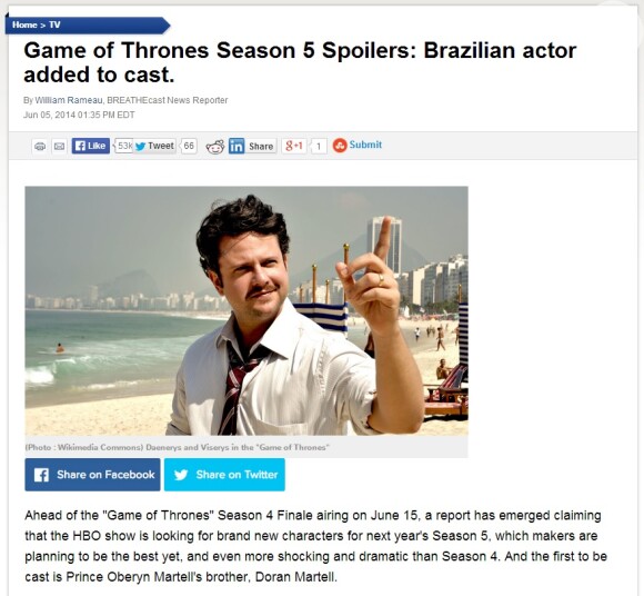 De acordo com site, Selton Mello estaria na quinta temporada de 'Game of Thrones'