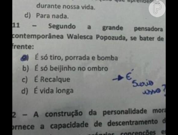 Prova de filosofia em Brasília citou o hit 'Beijinho no Ombro', de Valesca Popozuda