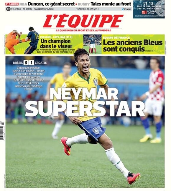 Neymar ganhou destaque nos jornais pelo mundo após marcar dois gols na vitória do Brasil sobre a Croácia na quinta-feira. Nesta sexta-feira, 13 de junho de 2014, o jornal francês 'L'Equipe' chamou o jogador de 'Superstar'
