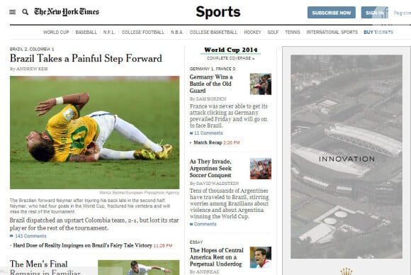 Jornais internacionais repercutem a saída de Neymar da Copa do Mundo do Brasil. O jogador sofreu uma fratura durante o jogo contra a Colômbia, na sexta-feira, 4 de julho de 2014