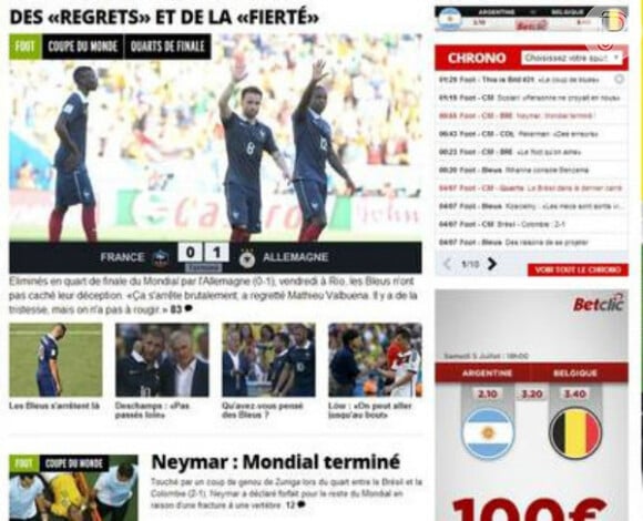 O britânico BBC deu o destaque principal para a notícia. 'Machucado, Neymar está fora da Copa do Mundo'