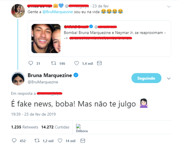 Bruna Marquezine afasta reaproximação de Neymar: 'Fake news'