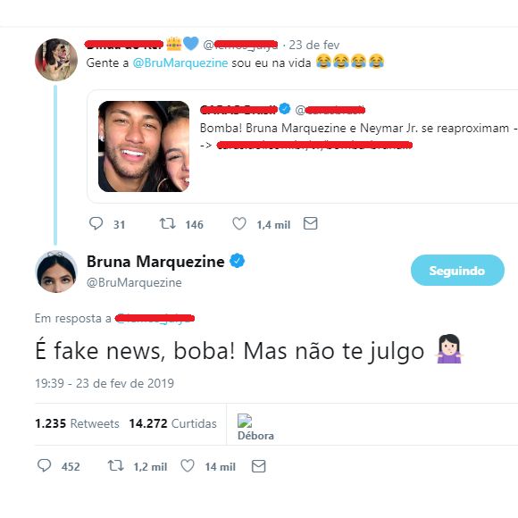Bruna Marquezine afasta reaproximação de Neymar: 'Fake news'