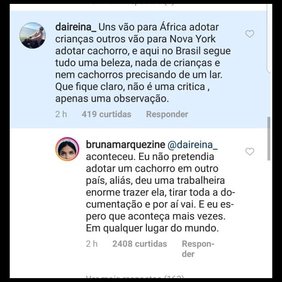 Bruna Marquezine responde fã sobre adoção de pet no exterior