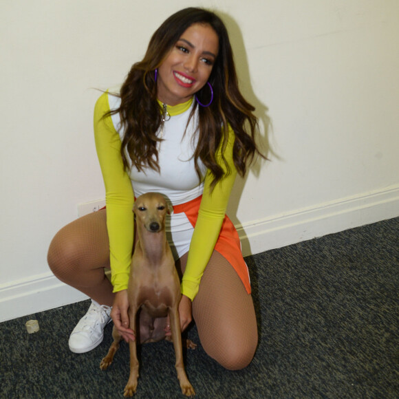 Anitta teve a companhia de Plínio, da raça Galguinho italiano, em show