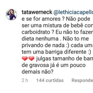 Tatá Werneck responde fã sobre tamanho de sua barriga