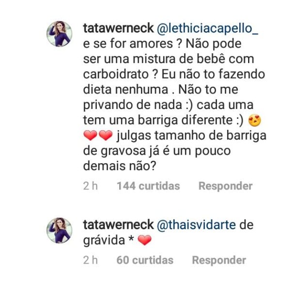 Tatá Werneck responde fã sobre tamanho de sua barriga