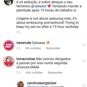 Luma Costa elogia Marina Ruy Barbosa em foto de lingerie