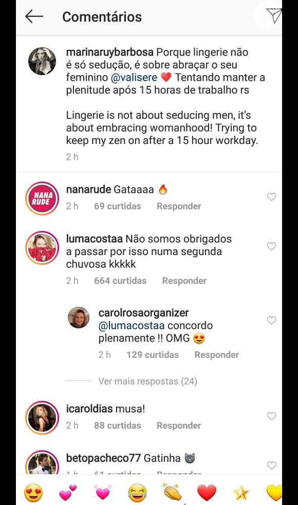Luma Costa elogia Marina Ruy Barbosa em foto de lingerie