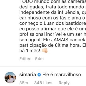 Simaria comenta em perfil do Instagram de Luan Santana, nesta quinta-feira, dia 13 junho de 2019