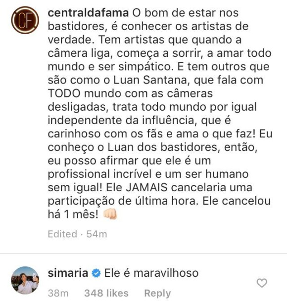 Simaria comenta em perfil do Instagram de Luan Santana, nesta quinta-feira, dia 13 junho de 2019