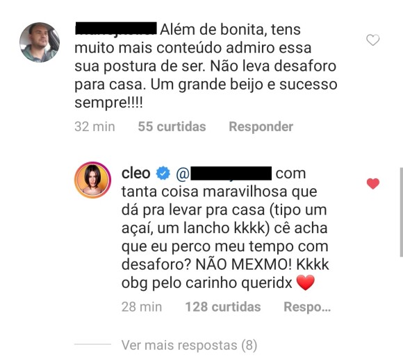 Cleo se diverte com comentário de fã que a apoiou