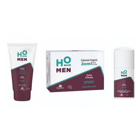 A linha Ho Men, da Davene, tem opções a preços acessíveis: o shampoo 3 em 1 (R$21,59), o sabonete (R$ 2,89) e desodorante roll-on (R$ 10,29)