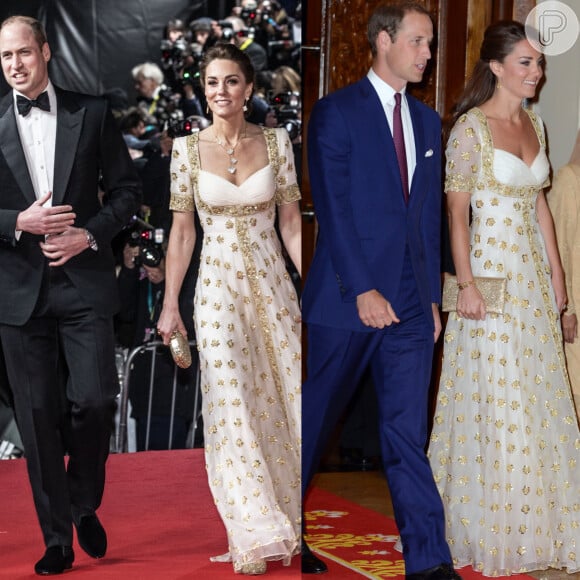 Esse vestido longo branco com detalhes dourados foi usado por Kate Middleton em 2020 e em 2012