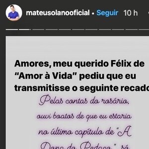 Mateus Solano compartilha 'recado' de Félix