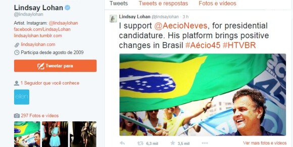 Lindsay Lohan escreveu em seu Twitter que Aécio Neves tem 'políticas positivas' para o Brasil