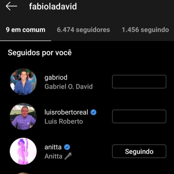 Anitta segue também a mãe de seu novo affair, Gabriel David, no Instagram