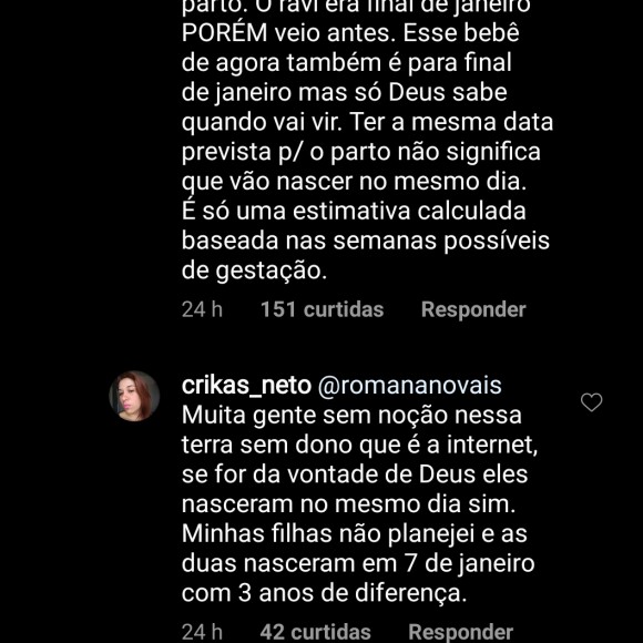 Romana Novais responde internauta sobre segunda gravidez