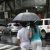 Luana Piovani vai a salão no Leblon, RJ, e na saída precisa da ajuda de um funcionário para se proteger da chuva, em 1º de março de 2013