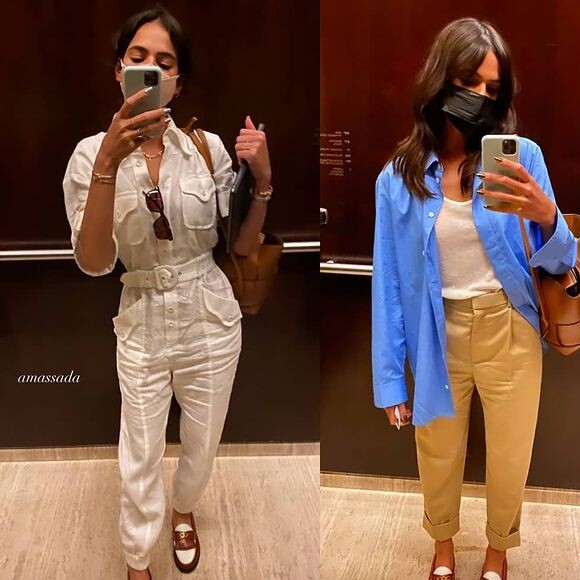 Bruna Marquezine exibe looks ao ir à gravações durante viagem