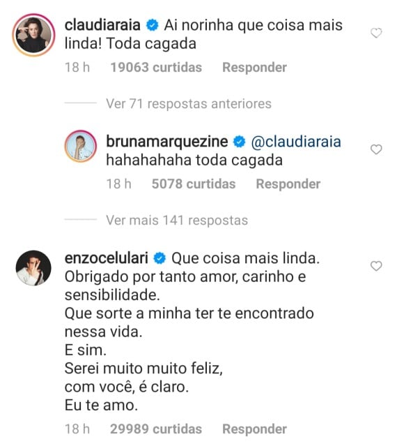 Claudia Raia chama Bruna Marquezine de 'norinha' e Enzo Celulari se declara à namorada